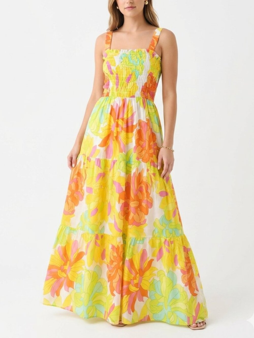 Tiered Smocked Seafolly Tropical‎ Cotton Floral Maxi Dress Size S Small